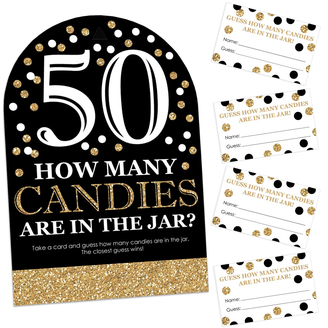 Big Dot of Happiness Adult 50th Birthday - Gold - How Many Candies Birthday Party Game - 1 Stand and 40 Cards - Candy Guessing Game